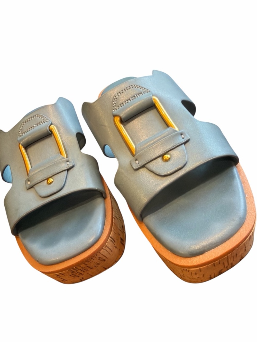 Franco Sarto Platform Slide Sandals Sz 8 Gray Leather Cork Sole 2” Heel Comfort - Picture 6 of 11